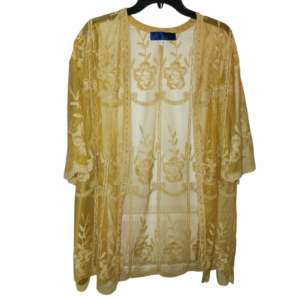 Blue Rain Yellow Floral Duster Short Sleeve Small